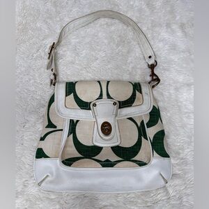 2000's Y2K Coach Ali Teal Linen Leather Turnlock Flap Shoulder Bag White Green